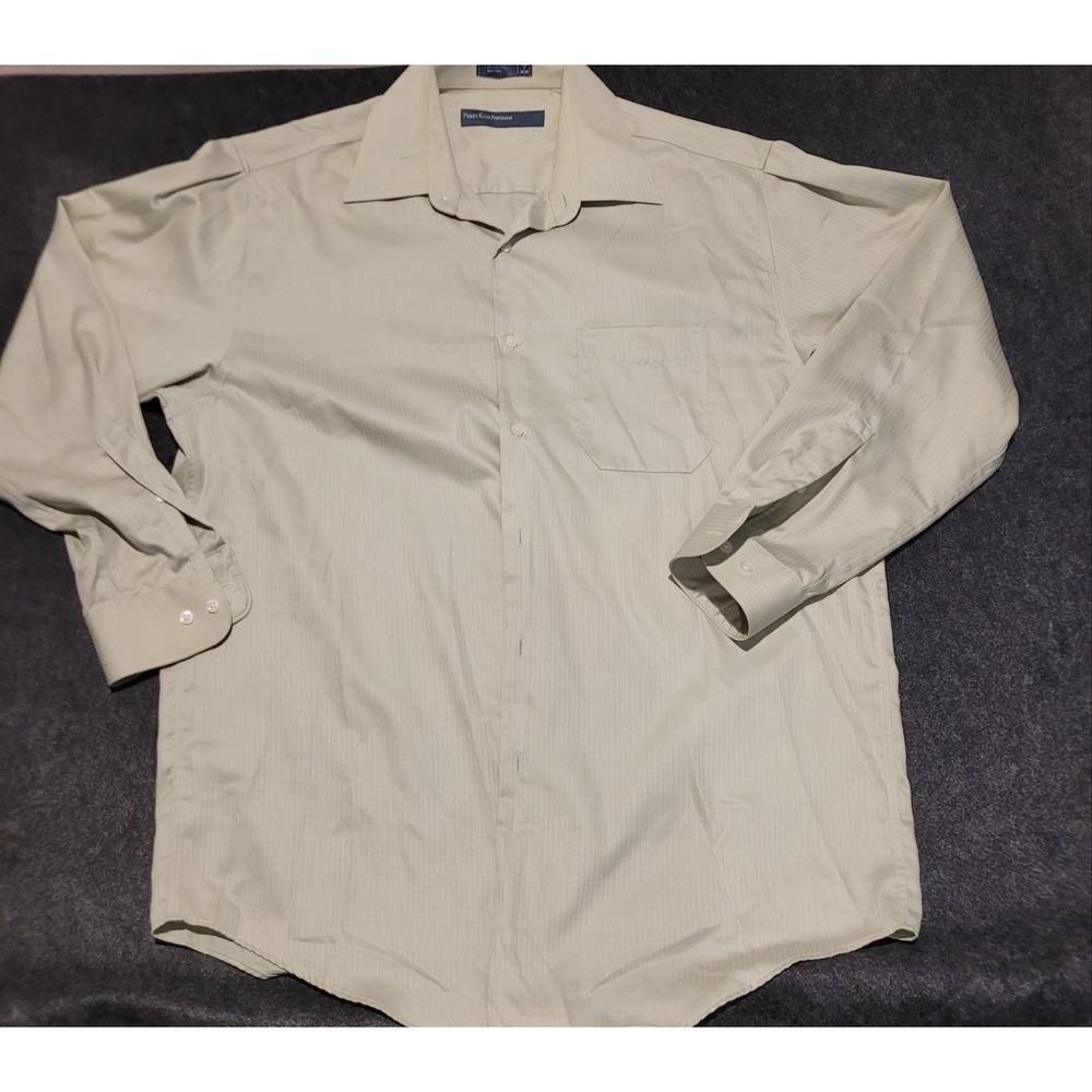 Perry Ellis Portfolio Men XL 17 34/35 Tan Vertical Striped Dress Shirt Cotton